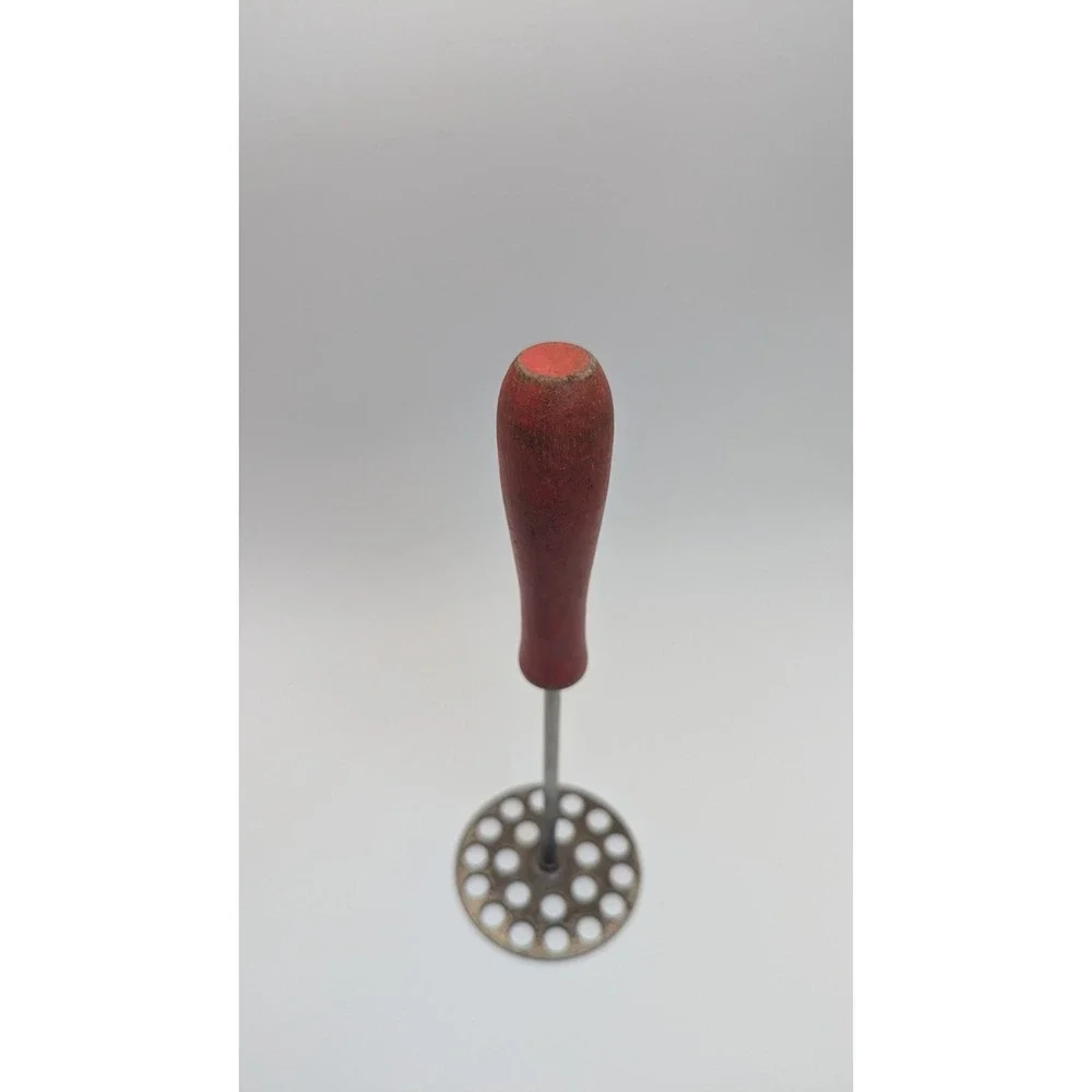 Vintage Potato Masher Red Wood Handle Primitive Metal Kitchen Tool 9 Inch Rustic